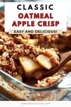 closeup image of oatmeal apple crisp in a clear baking dish and a wooden serving spoon scooping some out Desserts Made With Fresh Apples, Fresh Apple Recipes, Fruit Crisp Recipe, Oatmeal Apple