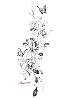 a black and white drawing of flowers with butterflies