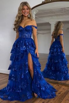 Gorgeous A-Line Off The Shoulder Tiered Prom Dress With Split | Prom Dress 2023 | Berlinnova Prom Dress With Split, Train Fabric, Tiered Prom Dress, Split Prom Dresses, Lovely Partner, Sparkly Prom Dresses, Gorgeous Prom Dresses, Dress With Split