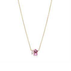 Three Small Multishape Diamond and Gemstones Necklace – Alev Jewelry Elegant Pink Multi-stone Necklace, Pink 14k Gold Pendant Necklace, Fine Jewelry Pink Multi-stone Necklace, Fine Jewelry Pink Necklaces With Gemstone Accents, Pink Gemstone Necklace In 14k Gold, Fine Jewelry Rose Gold Necklace With Gemstone Accents, Fine Jewelry Rose Gold Necklaces With Gemstone Accents, Pink Multi-stone Necklace As Gift, Rose Gold Necklace With Gemstone Accents