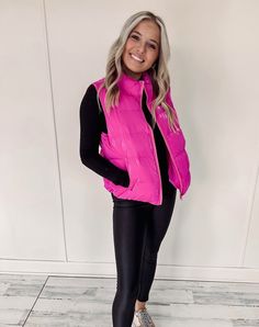 - 100% Polyurethane - True to size - Model is pictured in a size small - Magenta color Hot Pink Puffer Vest Outfit, Hot Pink Vest Outfit, Pink Puffer Vest Outfit, Pink Vest Outfit, Hot Pink Puffer Vest, Pink Puffer Vest, Puffer Vest Outfit, Teacher Clothes, Vest Outfit