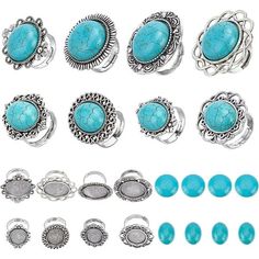 twelve pairs of turquoise stone rings and earring set with matching clip on back buttons