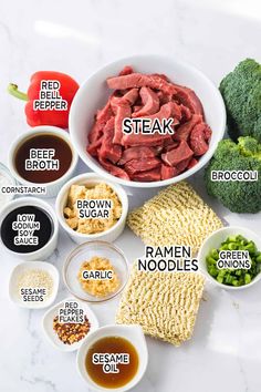 the ingredients for this meal include broccoli, beef, rice, and seasonings