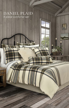 The Daniel Plaid Comforter Set offers a unique neutral and earthy colorway with a touch of forest that works all-year-round. Featuring an engineered woven yarn dyed plaid pattern with a twill texture that is brushed for a soft cashmere hand-feel. The included pillow shams and bed skirt match the 100% Cotton comforter Basement Master, Plaid Comforter, Plaid Bedding, Cozy Christmas Decor, Cotton Comforters, Bed Skirt, Mountain Cabin, Comforter Set, Cozy Christmas