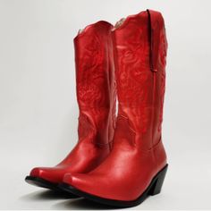 Pictures Do Zero Justice For These Gorgeous New Red Cowboy Boots! Not Only Are They Eye Catching, They're Super Comfy And True To Size. Not Your Size? No Worries! I Can Order Any Size! Red Western Heeled Boots With Snip Toe, Red Leather Snip Toe Mid-calf Boots, Red Round Toe Mid-calf Boots For Fall, Western Style Red Leather Mid-calf Boots, Red Leather Mid-calf Boots With Round Toe, Red Mid-calf Boots With Round Toe For Winter, Red Western Heeled Boots With Round Toe, Red Western Style Heeled Boots With Round Toe, Fall Boots With Red Sole And Snip Toe