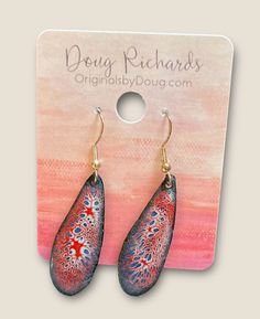 these teardrop earrings I designed, cut out the pattern from sheet copper, then I apply the multiple applications of the colors of enamel and then fire in my kiln at over 1400 degrees after each application to get the desired effect, these would be great 4th of July earrings! or any other U S patriotic holiday, sterling ear wires, boho chic stye 4th Of July Earrings, Earrings Boho Chic, Fused Glass Earrings, Boho Chic Earrings, Enameled Copper, Wichita Ks, Chic Earrings, Patriotic Holidays, Design Earrings