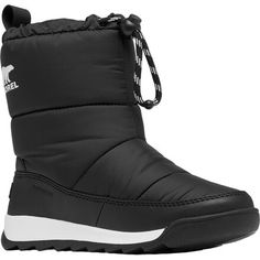 No more fighting with the kids to keep their feet warm--the SOREL Whitney II Plus Puffy WP Boot offers waterproof warmth in a cozy-cool silhouette. The drawcord cuff makes it easy to dress and seal out the elements. Traction underfoot keeps them stable while they run after their friends and rush home for hot cocoa. Black Low-top Waterproof Boots For Outdoor Activities, High-top Waterproof Sports Boots With Cushioned Footbed, Sorel Kids Boots, Black Insulated Slip-on Boots, Boys Winter Boots, Sorel Winter Boots, Children Snow Boots, Cool Silhouettes, Mary Jane Shoes Womens