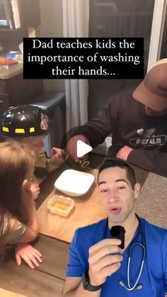 a man with a stethoscope is talking to two children at a table