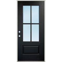 Greatview Doors offers a beautiful pre-finished black fiberglass door that would be the perfect addition to give your home an instant upgrade. This 4-Lite single door unit comes ready to install and features classic clear SDL glass panels. Whether you want a classic entryway or that modern farmhouse look, this door provides timeless appeal to any home. Greatview Doors 36-in x 80-in x 4-9/16-in Fiberglass 3/4 Lite Right-Hand Inswing Fiberglass Painted Prehung Front Door Insulating Core in Black Full Glass Front Door, Classic Entryway, Fiberglass Front Door, Painted Front Doors, Fiberglass Door, Storm Door, Glass Front Door, Weather Stripping, Single Doors