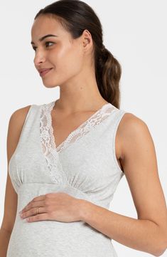 Delicate lace traces the neckline of this ribbed nightgown that'll keep you comfortable as your bump blossoms and offer easy nursing access once baby arrives. Surplice V-neck Sleeveless 47% viscose, 45% cotton, 8% elastane Machine wash, line dry Imported Feminine Sleeveless Delicate Lace Sleepwear, Feminine Delicate Lace Sleeveless Sleepwear, Sleeveless Delicate Lace Nightgown For Loungewear, Sleeveless Nightgown With Delicate Lace For Loungewear, Delicate Lace Sleeveless Dress For Loungewear, Sleeveless Stretch Sleepwear With Lace Trim, Maternity Nightgown, Bump, Night Gown