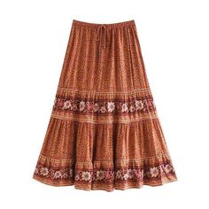 wickedafstore Zephyr Floral Midi Skirt in Brown Skirts Casual, Print Skirts, Beach Blouse, Printed Long Skirt, Elastic Skirt, Bohemian Skirt, Estilo Hippie, Orange Skirt, Tiered Maxi Skirt