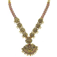 An image of an ornate, temple-style Indian necklace from Virani Jewelers 22k Gold Meenakari Temple Necklace For Puja, Yellow Gold Chandbali Temple Necklace For Puja, Yellow Gold Chandbali Temple Necklace, Dual-tone Chandbali Temple Necklace For Festive Season, Festive Dual-tone Chandbali Temple Necklace, Yellow Gold Necklace With Intricate Design For Puja, Intricate Yellow Gold Necklace For Puja, Dual-tone 22k Gold Necklace For Weddings, Wedding Dual-tone 22k Gold Necklace