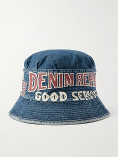 KAPITAL's bucket hat is printed with a 'Laundry' logo inspired by vintage signs. It's been made Japan from 11.5. oz denim and has a topstitched brim. Bucket Hats, Trucker Hat Kapital, Kapital Jeans, Kapital Bandana, Kapital Sweatpants, Laundry Logo, Kapital Denim, Kapital Century Denim, Vintage Bucket