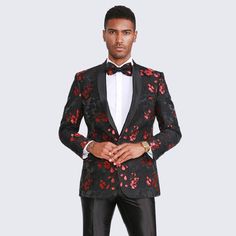 Red and Black Tuxedo Jacket Floral Pattern Slim Fit Blue Prom Tuxedo, Dark Red Suit, Blue Velvet Suit, Tuxedo Wedding Suit, Black Tuxedo Jacket, Red Tuxedo, Grey Pinstripe Suit, Grey Tuxedo, Grey Overcoat