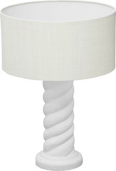 a white table lamp with a light shade on it's base and a cord wrapped around the base