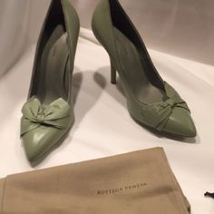 Bottega Veneta Designer Heels Closed Toe Pump, Bow On Vamp Pale Green (Mint) Kid Leather Size 7.5 Heel 4.25” Never Been Worn And Comes In Original Box With Two Shoe Bags Elegant Green Heels With 4-inch Heel, Elegant Green Court Shoes With 4-inch Heel, Green Heels With Deep Heel Cup For Formal Occasions, Classic Green Heels For Formal Occasions, Elegant Green Heels For Work, Classic Green High Heels, Green Formal Court Shoes With Sculpted Heel, Green Almond Toe Heels For Formal Occasions, Elegant Green Fitted Court Shoes