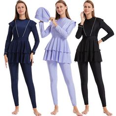 Top Rated 3pcs Muslim Modest Women Bathing Swimwear Tops Pants Hat Full Cover Beachwear, Women's Swimwear Long Sleeve Swimming Sets For Spring, Beach Sets With Solid Color And Long Sleeves, Solid Long Sleeve Beach Sets, Casual Stretch Sets For Beach Season, Fitted Sets For Vacation In Solid Color, Fitted Solid Color Beach Sets, Stretch Solid Color Summer Sets, Fitted Vacation Sets In Solid Color, Fitted Solid Color Sets For Vacation