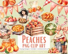 watercolor peaches png clipart set, peaches and pies with girl