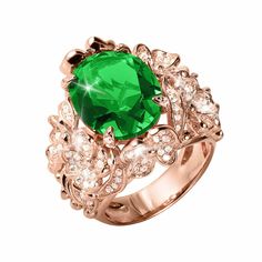 This stunning ring really does look as if it could have just been taken from a high end jewelry store. The setting in solid sterling silver, finished in rose gold helps enhance the luxurious feel and helps the stones shine in their own right. A floral bouquet surrounds and captures the stunning forest green center Diamondeau®, flawless simulated diamond. A real conversation piece.