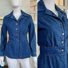 "Vintage 70s blue denim jacket by Country Blues, Sebastopol, CA. Medium weight denim with metal buttons down the front and on the cuffs. Classic 70s styling with splayed, pointy collar. Very good vintage condition with minor signs of wear and age. Best for an XSmall or Small. However, please refer to the garment measurements to ensure a proper fit. Bust: 35\" Waist: 27\" Hips: 40\" Length: 25\" All items are sold AS IS. These are vintage pieces, 20 plus years old! I may miss flaws or condition i Vintage Dark Wash Button-up Denim Jacket, Fitted Collared Denim Jacket In Denim Blue, Fitted Collared Denim Jacket With Buttons, Vintage Button-up Denim Outerwear, Vintage Denim Button-up Outerwear, Retro Button-up Denim Jacket For Work, Retro Button-up Denim Outerwear, Retro Dark Wash Button-up Outerwear, Fitted Vintage Button-up Denim Top