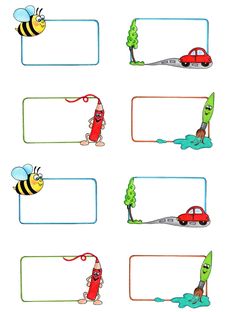 a set of four blank labels with pictures of cars and trees