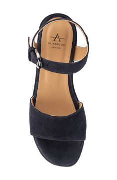 A lofty platform and integrated wedge heel add scene-stealing height to a retro-cool sandal secured with an adjustable strap at the ankle. 2 1/2" heel; 1 3/4" platform Adjustable ankle strap with buckle closure Water-repellent Leather upper and lining/rubber sole Made in Italy Navy Blue Sandals, Latest Sandal, Ankle Strap Wedges, Black Wedge Sandals, Platform Wedge Sandals, Blue Sandals, Platform Wedge, Brown Sandals, Slingback Sandal