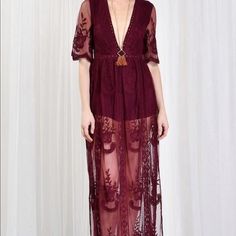 Burgundy Color Lace Dress. Never Worn, Like Brand New Fall Lace V-neck Maxi Dress, Spring Burgundy Maxi Dress For Date Night, Brown Short Sleeve Maxi Dress For Party, Burgundy Maxi Dress For Spring Date Night, Elegant Burgundy Maxi Dress For Summer, Spring Sheer Brown Dress, Sheer Brown Spring Dress, Brown Sheer Spring Dress, Summer Burgundy Maxi Dress For Date Night