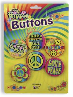 buttons with the words happy birthday and peace on them in front of a yellow background