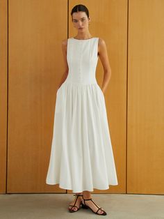 Button-Front Sleeveless Pockets Long Dress Long White Maxi Dress, Casual Chiffon Dress, Wedding Fits, Black Sleeveless Midi Dress, Ladies Style, 2000s Outfits, Fall 24, White Maxi, 5 S