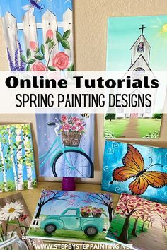 some paintings are on display with the words online tutors spring painting designs above them