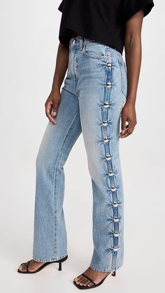 Khaite Studded Danielle Jeans | Shopbop Fitted Denim Blue Jeans With Snap Buttons, Fitted Jeans With Snap Buttons, High Rise Light Wash Jeans With Snap Buttons, Fitted Straight Leg Jeans With Buttons, Light Wash Cotton Jeans With Snap Buttons, High Rise Denim Jeans With Snap Buttons, Mid-rise Dark Wash Jeans With Snap Buttons, High Rise Jeans With Snap Buttons, Medium Wash Straight Leg Jeans With Snap Buttons