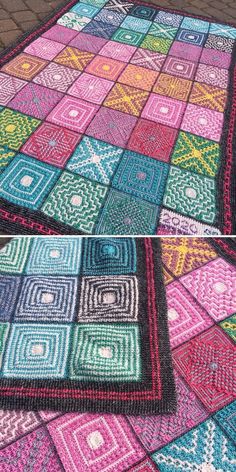 two different colored crocheted rugs sitting on top of a brick floor next to each other