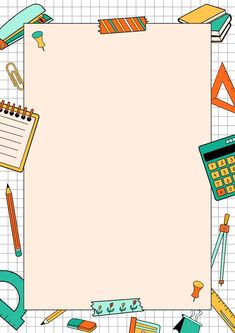 a sheet of paper surrounded by school supplies on a gridded background with pencils, rulers and other items