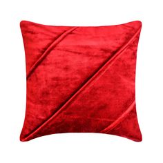 a red velvet pillow with a diagonal design on the front and side, against a white background