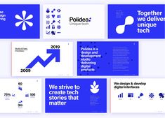 several blue and white brochures with the words we drive to create tech stories that matter