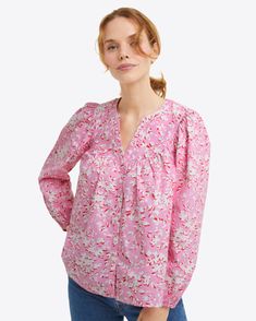 Button Down Top in Pink Shadow Floral – Draper James Trendy Cotton Blouse With Blouson Sleeves, Feminine Cotton Blouse With Ditsy Floral Print, Feminine Blouse With Ditsy Floral Print, Spring Cotton Blouse With Ditsy Floral Print, Feminine Floral Print Blouse For Daywear, Spring Cotton Blouse With Floral Print, Pink Workwear Top With Blouson Sleeves, Casual Pink Top With Blouson Sleeves, Pink Blouson Sleeve Top For Work