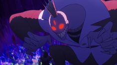 an animated character with red eyes standing in front of blue and purple lights at night