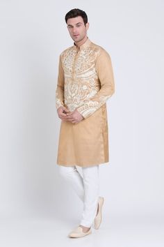 Gold straight kurta featuring ivory aari embroidery in floral and geometric pattern. Paired with contrasting plain pant. - Aza Fashions Festive Traditional Wear With Tonal Embroidery For Eid, Eid Festive Traditional Wear With Tonal Embroidery, Eid Straight Kurta With Tonal Embroidery, Festive Wedding Kurta With Tonal Embroidery, Traditional Kurta With Tonal Embroidery For Eid, Traditional Festive Kurta With Tonal Embroidery, Traditional Eid Kurta With Tonal Embroidery, Festive Traditional Wear With Tonal Embroidery For Wedding, Festive Traditional Wear With Tonal Embroidery