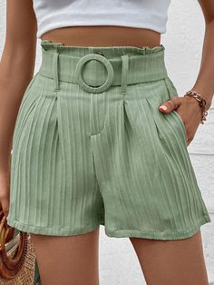 Pattern type: Solid  Style: Casual  Features: Belted  Length: Shorts  Material composition: 100% polyester  Care instructions: Machine wash cold. Tumble dry low.  Imported  Product measurements:   S: waist 25-38.2 in, hip 42.9 in, length 15.6 in  M: waist 26.5-39.8 in, hip 44.5 in, length 15.8 in  L: waist 28.9-42.1 in, hip 46.8 in, length 16 in  XL: waist 31.2-44.5 in, hip 49.1 in, length 16.2 in Costume Intero, Belted Shorts, Weave Style, Pleated Shorts, Fresh Green, Green Fashion, Shorts With Pockets, Easy Wear, High Waisted Shorts