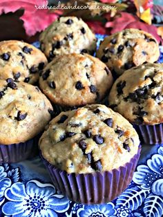 chocolate chip muffins on a blue and white plate