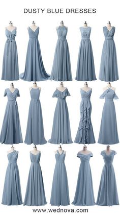 a bunch of dresses that are in different styles and colors, with the words dusty blue dresses