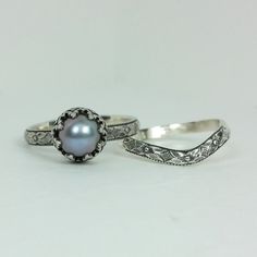 Edwardian Style Gray Pearl Engagement Ring with Matching Curved Wedding Band Set Unique Wedding Ring Silver, Vintage Silver Rings Engagement, Antique Silver Wedding Rings, Vintage Pearl Engagement Ring, Antique Engagement Rings Edwardian, Vintage Silver Wedding Rings, Unique Silver Wedding Rings, Non Traditional Engagement Rings Silver, Goth Wedding Rings