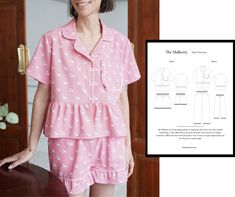 "The Mulberry are an easy fitting pajama set sewing pattern featuring a short sleeve top with rounded collar, facing, a wide ruffle detail at the hem and elastic waist bottoms in 2 lengths trimmed in ruffles at the hem with side pockets. View A shorts are upper thigh length and View B pants are ankle length. This listing is for 1 PDF sewing pattern set containing US sizes 2-20. You'll get both View A (top with shorts) and View B (top with cropped pants) versions, plus illustrated sewing instructions with yardage requirements, finished garment measurements, and notions required. Please see my size chart in the photo gallery to see my size breakdown. This is a layered, PDF pattern suitable for printing in A0 copy shop format and both A4 and US letter sized paper. Page quantity: 3 pages A0, 6 Cotton Ruffled Short Sleeve Sleepwear, Pink Ruffled Short Sleeve Sleepwear, Short Sleeve Ruffled Sleepwear For Bedtime, Pajama Sewing Pattern, Cute Pyjama, Set Sewing Pattern, Cute Pajama, Top With Shorts, Pajama Pattern