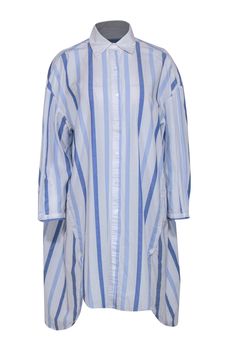 Current Boutique-Love Binetti - White & Blue Striped Button Up Dress Sz XS Chic Relaxed Fit Striped Dresses, Casual Vertical Stripes Dresses For Work, Casual Vertical Striped Dresses For Work, Casual Vertical Stripes Workwear Dresses, Casual Workwear Dresses With Vertical Stripes, Blue Vertical Stripes Dress For Daywear, Spring Cotton Dresses With Contrast Stripes, Casual Striped Work Dresses, Casual Oversized Striped Dresses