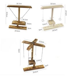 three different types of wooden desks with measurements