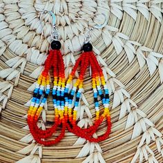 New, Hand Made By Me. Red Triple Layered Native American Seed Bead Earrings, Made With Size 11/0 Czech Seed Beads, Black Onyx Beads, And Hypoallergenic Ear Wire. Red Teardrop Jewelry With Tiny Beads, Red Traditional Beads For Crafting, Traditional Red Beads For Crafting, Red Round Bead Earrings For Festivals, Traditional Red Beaded Earrings With Colorful Beads, Multicolor Hand-strung Dangle Earrings, Red Teardrop Beaded Earrings, Red Teardrop Earrings With Tiny Beads, Red Teardrop Earrings For Festival