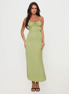 Kristyn Maxi Dress Green Brunch Maxi Dress With Tie Back And Straight Neckline, Chic Midi Dress With Sweetheart Neckline And Ruched Back, Chic Dress With Gathered Straight Neckline, Chic Maxi Dress With Sweetheart Neckline And Tie Back, Fitted Maxi Dress With Ruched Back For Brunch, Fitted Midi Dress With Tie Back And Straight Neckline, Fitted Maxi Dress With Sweetheart Neckline And Tie Back, Fitted Dress With Gathered Neckline And Backless Design, Fitted Backless Dress With Gathered Neckline