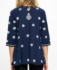 V-neck Cotton Kurta With Resham Embroidery, Spring Cotton Kurta With Short Sleeves, Cotton V-neck Embroidered Top, Indigo Bohemian Cotton Top, Bohemian Indigo Cotton Top, Traditional Straight Kurta Top With Embroidery, Summer Cotton Straight Kurta Top, Long Sleeve Tunic With Embroidered Hem, Traditional Blue Relaxed Fit Tops