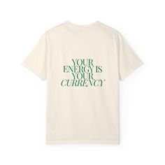 Elevate your style with our unisex graphic tee featuring the empowering message, "Your Energy is Your Frequency." This trendy shirt is perfect for spreading positivity and inspiration. Crafted for comfort and designed with a stylish touch, it's an ideal gift for anyone who loves inspirational quotes and positive affirmations. Embrace daily affirmations and uplift your vibe with this must-have addition to your wardrobe. **Sizing & Colors Available in sizes Small through 3XL. Choose from a variety of classic and trendy color options to complement your design. **How to Order Simply select your desired size, quantity and color. **Product Specifications .: The Comfort Colors 1717 tee is made with medium fabric (6.1 oz/yd² (206.8 g/m consisting of high quality, 100% ring-spun US cotton for long- Relaxed Fit T-shirt With Quote Print For Everyday, Sustainable Cotton Short Sleeve T-shirt, Everyday Conscious Crew Neck T-shirt, Conscious Style Everyday Crew Neck T-shirt, Eco-conscious Everyday Crew Neck T-shirt, Organic Cotton Graphic Tee With Text Print, Conscious Style Short Sleeve T-shirt For Everyday, Everyday Conscious Style Short Sleeve T-shirt, Conscious Style Everyday Cotton T-shirt