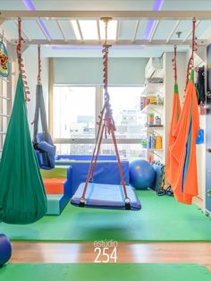 there is a gym with swings and exercise mats